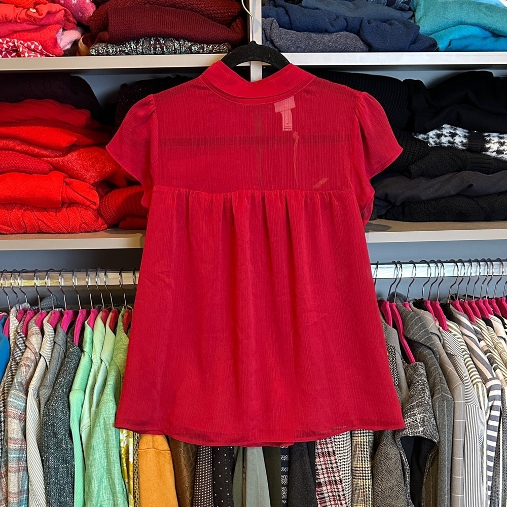 A New Day red ruffle sleeve lined mock neck back button closure top size S NWOT